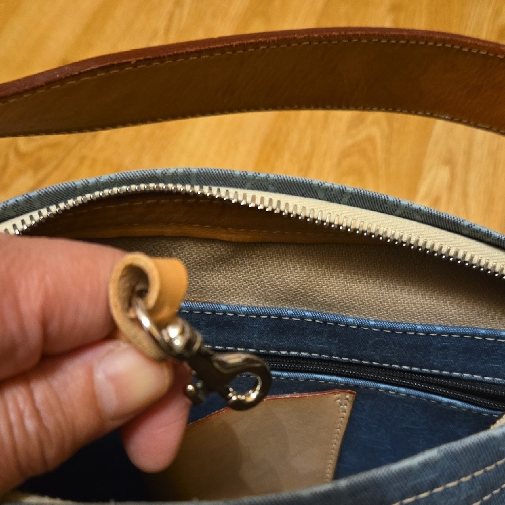 Dooney & Bourke Blue Monogram Shoulder Bag with Tan Leather Strap - Picture 9 of 11